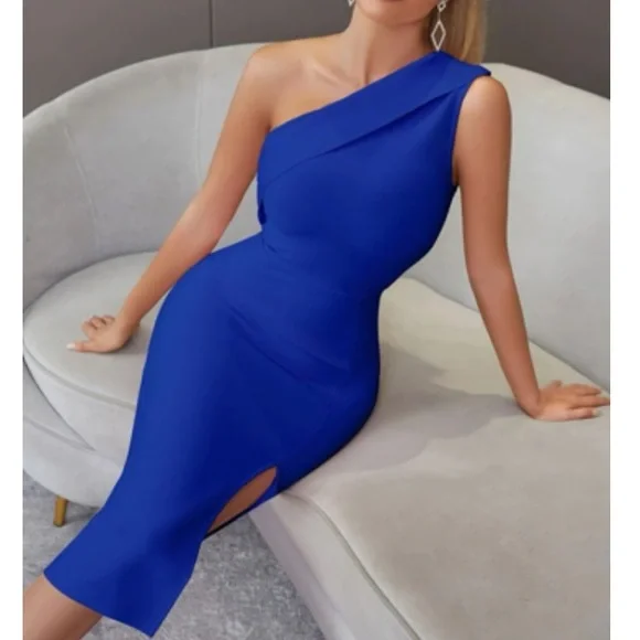 Dresses | Luxe Blue One Shoulder Slit Tie Bodycon Midi Dress | Poshmark